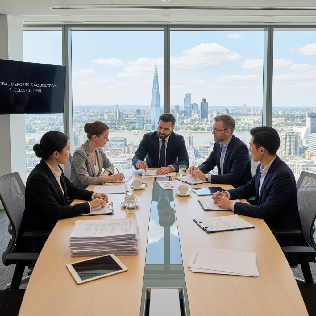 A diverse group of business professionals, including an expat, reviewing financial documents and contracts on a modern boardroom table with a cityscape view of London in the background. The scene is professional and collaborative, emphasizing successful business acquisition.