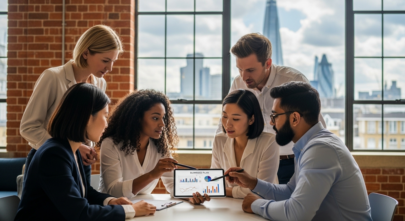 A diverse group of international entrepreneurs collaborating in a modern co-working space in London, looking at a digital tablet with business plans, with city skyline in the background, professional and dynamic atmosphere, photorealistic.