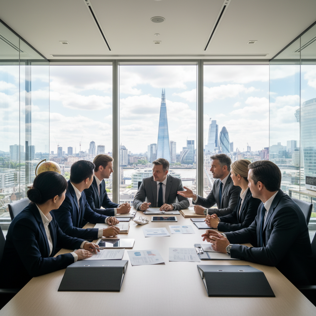A diverse group of business professionals in a modern office setting, discussing legal documents, with a prominent London skyline visible through a large window. The image should convey professionalism and international collaboration.