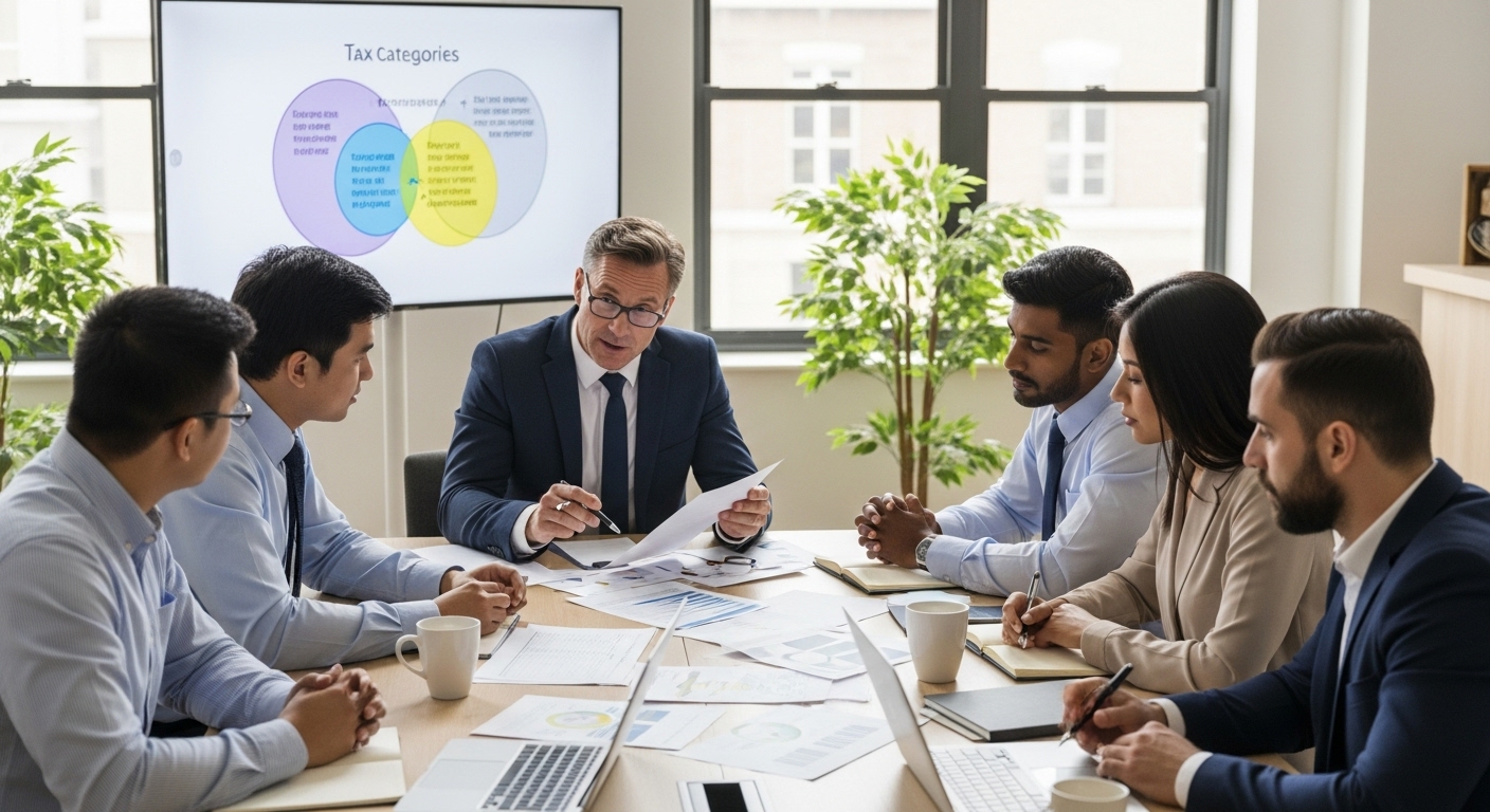 A diverse group of expat business owners in a modern, collaborative office setting, reviewing financial documents and discussing UK tax regulations with a professional tax advisor, depicting clarity amidst complexity, photorealistic.