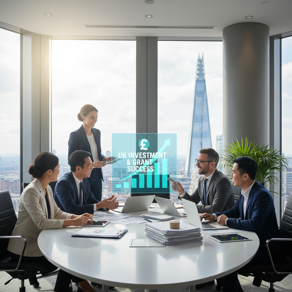 A detailed, photorealistic image showcasing a diverse group of international business professionals in a modern, well-lit office discussing financial documents and a holographic projection of growth charts, symbolizing successful investment and grant acquisition in the UK.