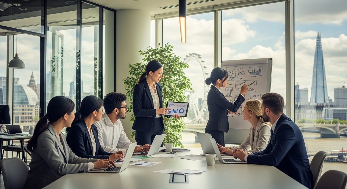A diverse group of business professionals from different nationalities collaborating in a modern, light-filled office space in London, with iconic UK landmarks visible through the windows. The scene should convey innovation, global collaboration, and financial success.