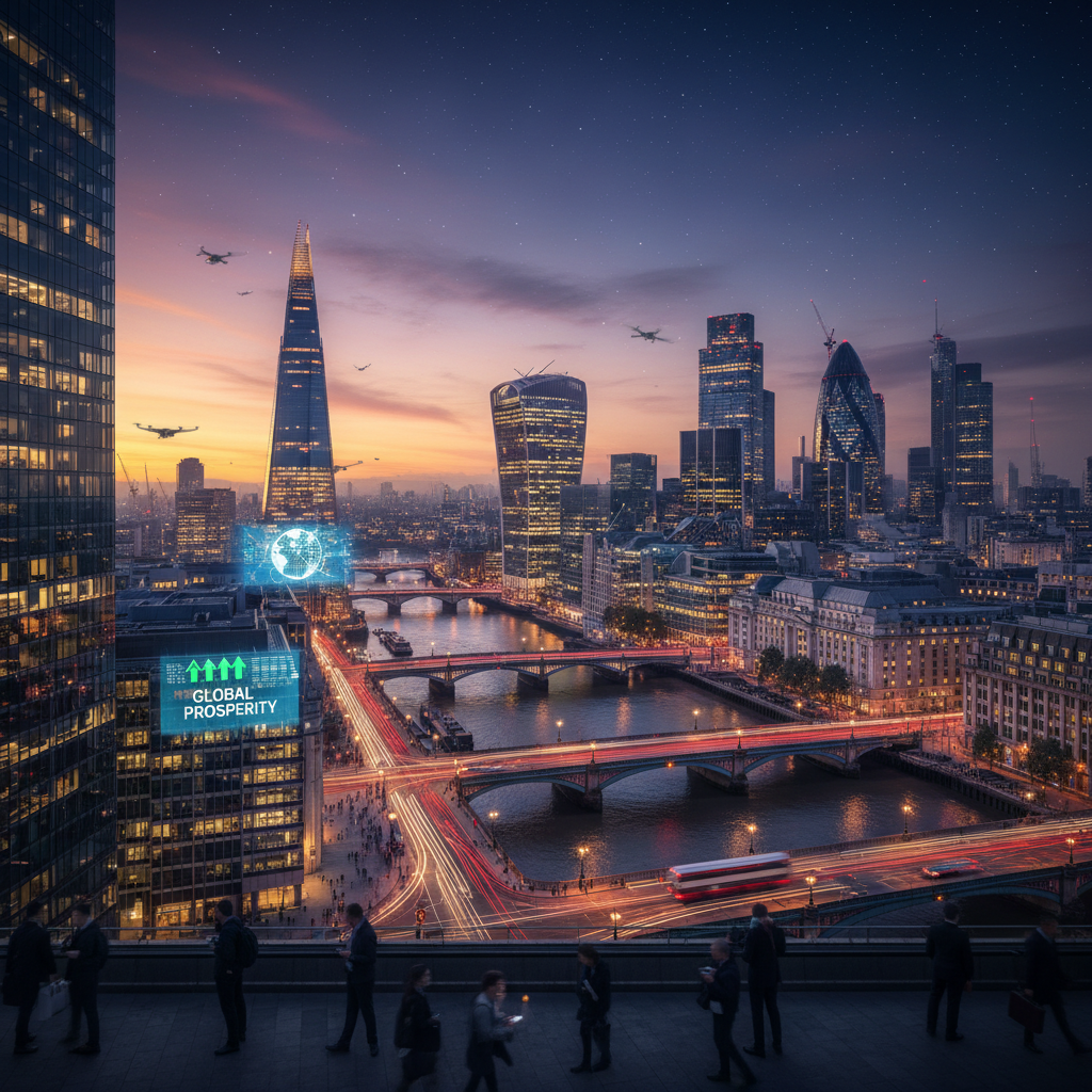 A bustling, modern financial district cityscape at dusk, featuring iconic London buildings, vibrant lights, and a sense of dynamic economic activity and global connection. The image should convey stability and opportunity.