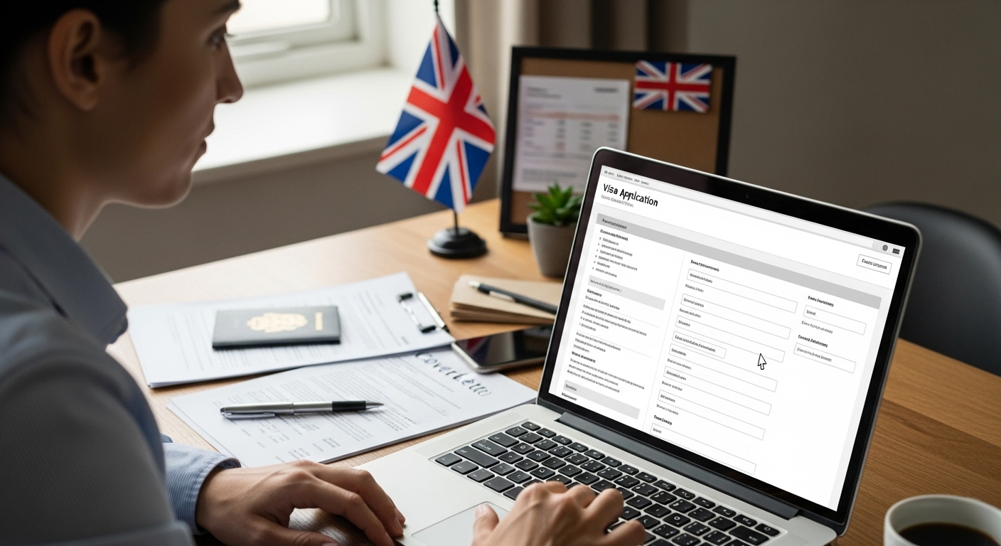 A detailed, photorealistic image showing a person diligently filling out an online visa application form on a laptop, with a UK flag subtly visible in the background and business documents spread on the desk. The person looks focused and professional.
