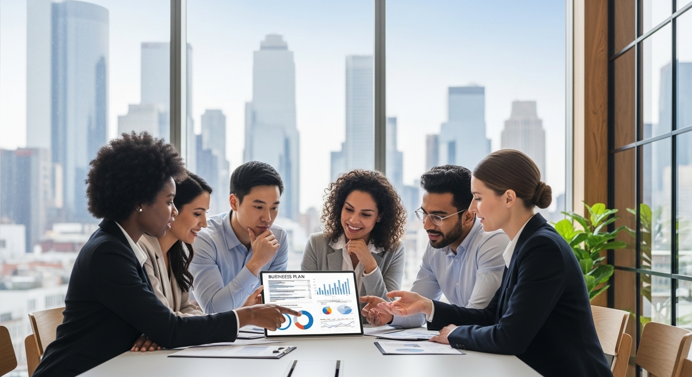A diverse group of international business people in a modern office setting, looking at a digital tablet with a business plan, representing global entrepreneurship and collaboration.