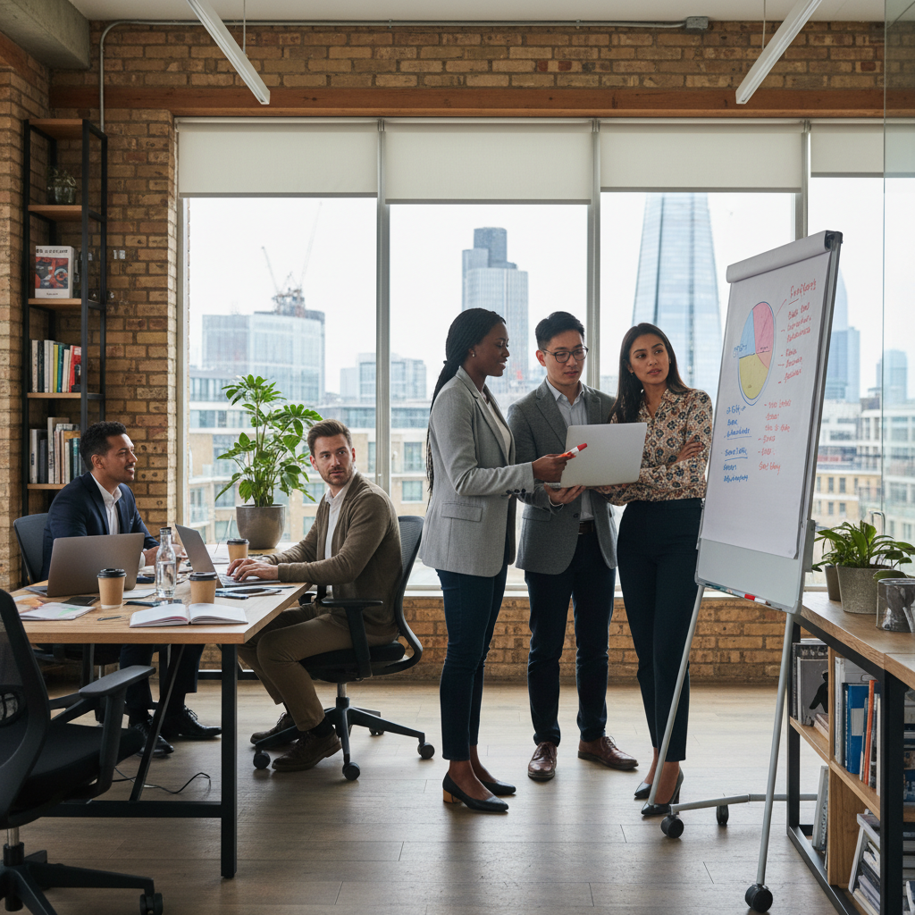 A professional, diverse group of entrepreneurs collaborating in a modern, brightly lit co-working space in London, brainstorming ideas on a whiteboard. One person is pointing to a chart, another is typing on a laptop, and a third is looking on attentively, all dressed in smart casual business attire, reflecting innovation and teamwork.
