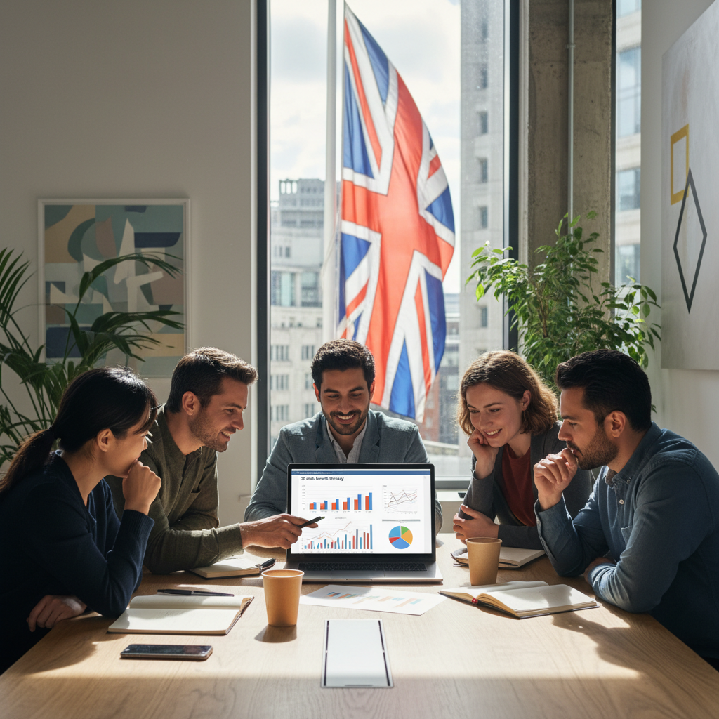 A detailed, photorealistic image of a diverse group of international entrepreneurs collaborating in a modern, light-filled office space in London, with a visible Union Jack flag subtly in the background, symbolizing global business in the UK. The entrepreneurs are looking at a laptop with charts and figures, conveying business planning and success.