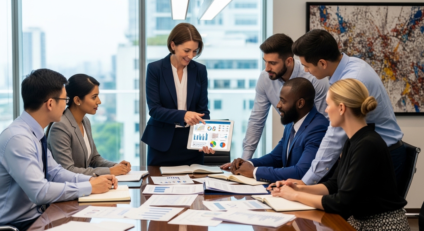 A diverse group of expat business owners in a modern, well-lit office discussing complex financial documents with a professional, friendly accountant. The accountant is pointing to a digital tablet displaying charts and figures, while the expat business owners look engaged and understanding. The scene should convey expertise, collaboration, and clarity in financial planning. Photorealistic style.